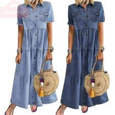Denim Dress Retro Women Short Sleeve Turn Down Collar Pockets Button Long Loose Denim Dress Pockets Button Long Loose Plus size