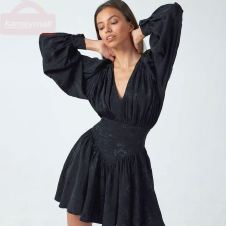 KLALIEN Fashion Black Chiffon Printing Elegant Loose Mini Dress New Women Lantern Full Sleeve Pleated Slim Party Night Dresses