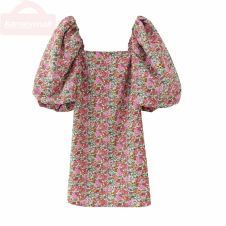 2020 women vintage floral vestidos print puff sleeve mini dress female retro square collar casual slim streetwear dresses DS3957