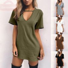 Women Tshirt Dress Choker Deep V-neck Summer Dresses Mini T-Shirt Dress Short Sleeve Ladies Casual Sexy Clothing Dropshipping