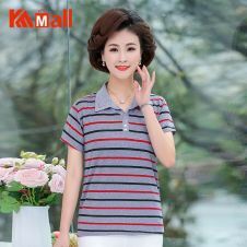 Women Summer Striped Cotton Polo Shirt Pink Red Purple Blue Contrast Color Top Short Sleeve Turn Down Collar Clothes For Mother