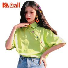 Women Polo Shirts Summer M-2XL Kawaii Female Tops Rainbow Colorful Diagonal Buttons Short Sleeves Loose Fashion Polo Tee Shirt