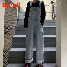 Korean Fashion style Women Overalls Straight Wide leg denim 100% cotton High waist Oversize Loose Long jeans female jumpsuit
