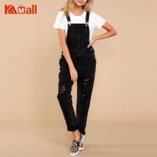 2021 New Solid Colour Holes Button Pockets High-waisted Slimming Suspender Jeans Women's Fashion Casual Straight-leg Long Pants