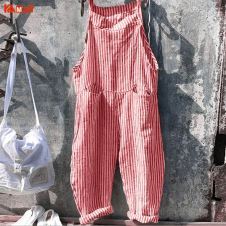 Fashion Design Loose Linen Jumpsuits Fashion Women Pocket Bandage Sleeveless Jumpsuit Stripe Bodysuit Playsuit Romper #T1G