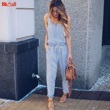 Womens Holiday Playsuit Jeans Fashion Simple Denim Romper Elastic Waist Strappy Long Beach Jumpsuit 2021 Summer Female #T2G