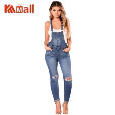 SEBOWEL Medium/Light Blue Wash Knee Holes Denim Overalls Woman 2019 Female Casual Hammock Slit Long Jeans Overalls Size S-XXL