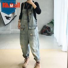 Vintage Loose Denim Jumpsuits Women Autumn Winter Ripped Hole Pocket Cowgirl Overalls Streetwear Casual Trousers Female M L