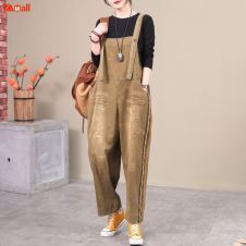 Female New Retro Literary Bib Pants Female 2021 Early Spring New Large Size Solid Color Stitching Art Retro Denim Overalls Women