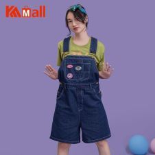Summer New Design Casual Loose Women Basic Denim Overalls Shorts Dark Blue Jumpsuit Rompers Womens Playsuit Cartoon Patch
