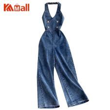 Women Buttons Jeans Jumpsuits Sleeveless Halter summer Fashion Backless Wide Leg Rompers Outfits