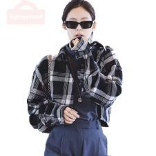 Extra Short Black Gray Check Plaid Shirt Korea Clothing Retro 2020 Woman Lapel Long sleeve Cropped Blouse Tops Y2K Blousas