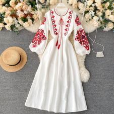 Women Autumn Dresses Bohemian Embroidered Flower O-Neck Lantern Sleeve High Waist Pleated Dress All-match Female Vestidos GK393