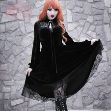 InsGoth Vintage Lace Velvet Black Dress Gothic Sexy Hollow Out High Waist Dress Women Autumn Elegant Party Club Bandage Dress