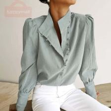 OOTN Elegant Turtleneck Blouse Long Sleeve White Shirt Office Ladies Top Casual Solid Single-Breasted Puff Sleeve Womens Blouses
