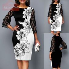 Office Ladies Floral Bodycon Dress Spring Summer Dress Women Mesh 3/4 Sleeve Vintage Sexy Party Dresses Female Midi Dress D30