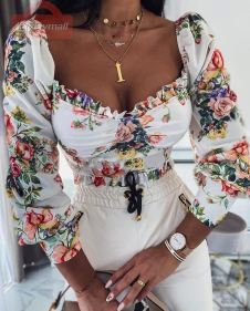 2021 Summer New Women's Sexy Long Puff Sleeve Crop Top Blouses Ladies Vintage Floral Print Short Shirts Clothes Party Clubwear