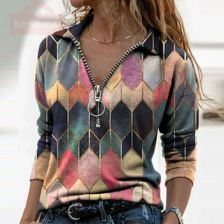 Women Long Sleeve V Neck Geometric Print Blouse Vinrage Loose Shirt Spring Casual Pullover Ladies Elegant Tops Plus Size Blusas