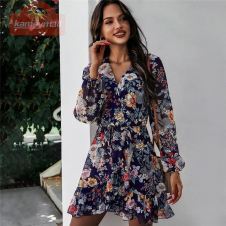 Spring New Print Dress Women Casual Full Sleeve Lace Up High Waist Floral Dress For Women 2021 Summer Chiffon Dress