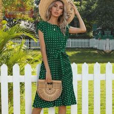 2021 New Summer Polka Dots Sleeveless Pleated Dresses For Women High Waist Midi Elegant Office Green Lady Dinner Party Clothes
