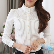Women Vintage White Blouse Collared Pleated Chiffon Button Down Shirt Long Sleeve Lace Blouse womens tops and blouses 2020 NEW