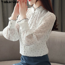 Fashion women chiffon blouse 2019 spring Long sleeve Puff blouse ruffles Chiffon lady shirt Dot pattern Lady blouse Plus size