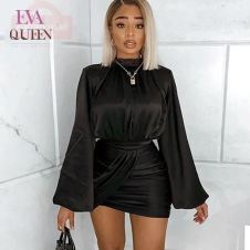 EvaQueen Bodycon Bandage Party Dress Women Black Summer Autumn Dresses Club O Neck Long Sleeve Mini Sexy Dress Fashion Elegant