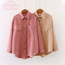 New Women Solid Corduroy Batwing Sleeve Vintage Blouse Turn-Down Collar Loose Top Button Up Pink Shirt Feminina Blusa T9D609T