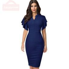 Nice-forever Vintage Solid Color Elegant Office Work vestidos Business Party Bodycon Ruffle Women Pencil Dress B572