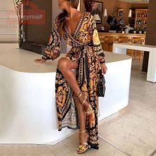 Fashion Elegant Women Ladies Sexy Deep V Neck Glitter Floral Print Party Dress Formal Long Dresses Sexy Clubwear