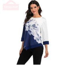 New 2020 Shirt Women Spring Summer Floral Printing Blouse 3/4 Sleeve Casual Hem Irregularity Female fashion shirt Tops Plus Size