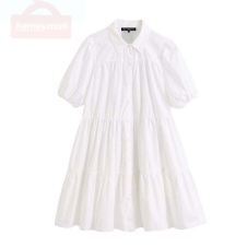 KPYTOMOA Women 2021 Sweet Fashion Ruffled White Mini Dress Vintage Lapel Collar Puff Sleeve Female Dresses Chic Vestidos Mujer