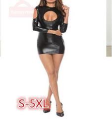 2021 Women Patent Leather Sex Hollow Long Sleeve Dress Backless Nightdress Uniforms Nightclub Clothing Fetisch Latex