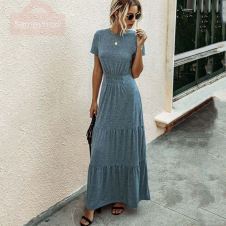 2021 Long Summer Party Dress Women Pleated Elegant Maxi Dress Sundress Women Floor Length Short Sleeve Casual Robe Femme