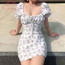 Waatfaak White Casual Floral Women Dress Bandage Ruched Summer Mini Dress Office Puff Sleeve High Street Aline Ladies Dresses