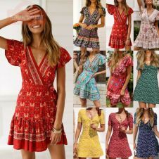Beautiful Women's Short Sleeve Boho Floral Wrap Dress Ladies Summer Holiday Party Sundress
