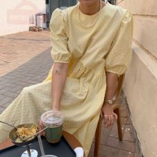 Women Long Dress 2021 Summer Casual O-neck Puff-Sleeve Oversize Dots Elegant Female Dress Ladies Loose Vestidos Femme 9941