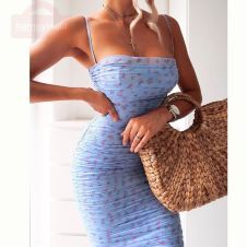NewAsia Mesh Women Dress Summer 2020 Spaghetti Straps Knee-length Elegant Dress Slim Fit Floral Print Ruched Dresses Blue
