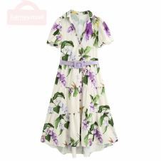 ZEVITY women autumn flower print sashes shirt dress female lantern sleeve pleat irregular hem vestido chic casual dresses DS4246