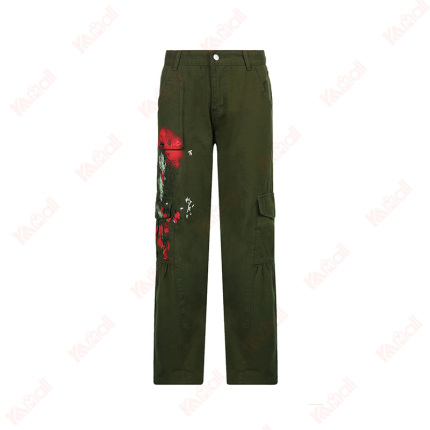 green straight woven fabric casual pants
