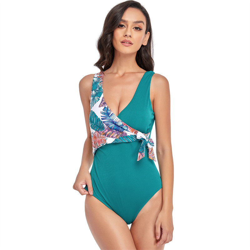 green floral print one piece sport swimwear