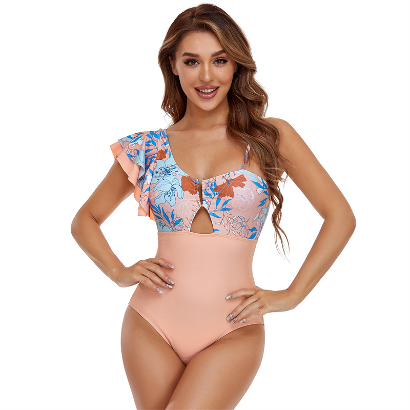 pink shoulder ruffle one piece swimwear