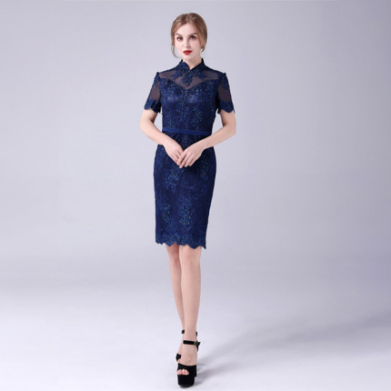 blue black embroidered evening dress