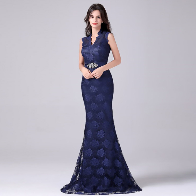 lace flower blue black evening dress