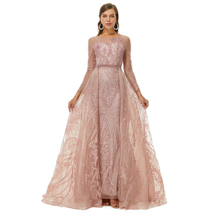 champagne embroidered jacquard evening gown