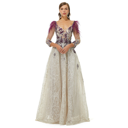 evening dress with purple leaf pattern