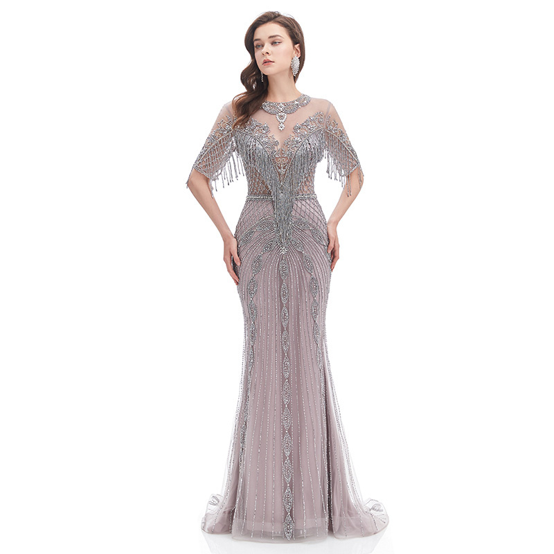 fitted silver purple evening dress