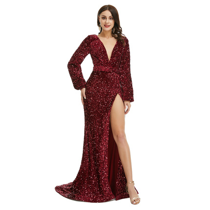 charming red sequined evening dress