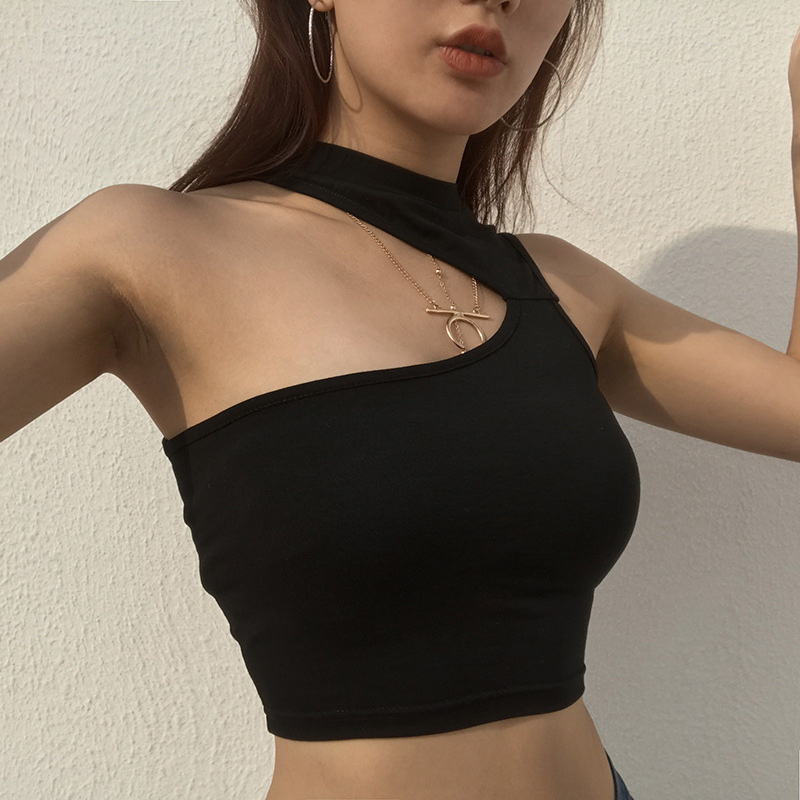 cut out irregular cutting crop black women tank top