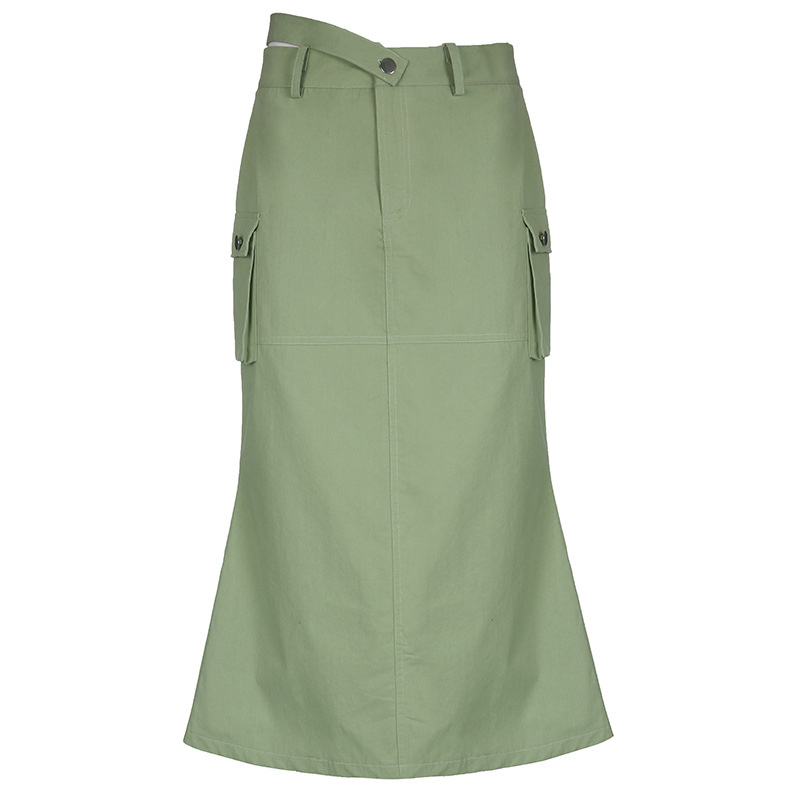 solid green fishtail midi skirt